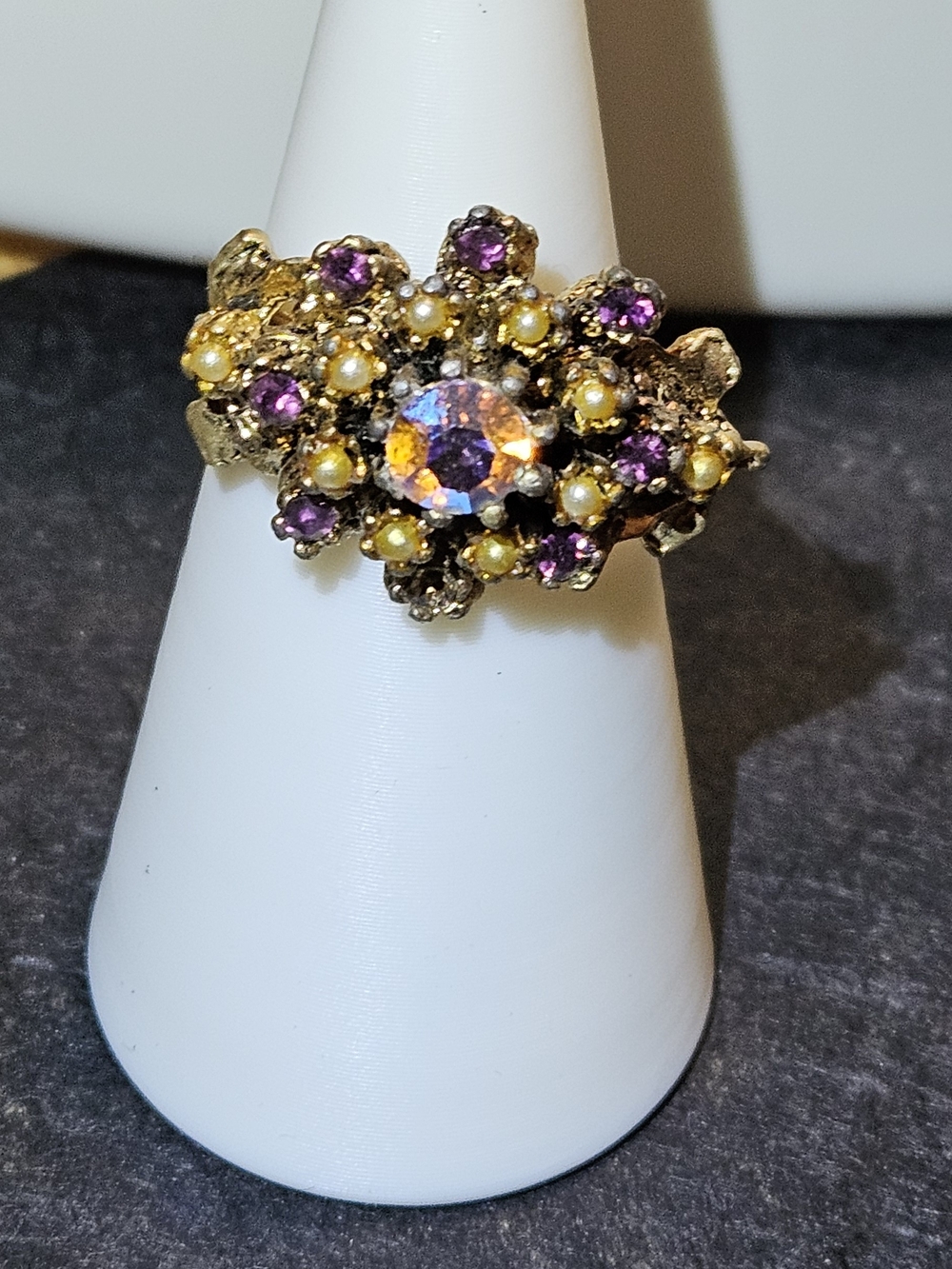 Vintage Gold Floral Ring with Purple and Yellow Accents. Adjustable.